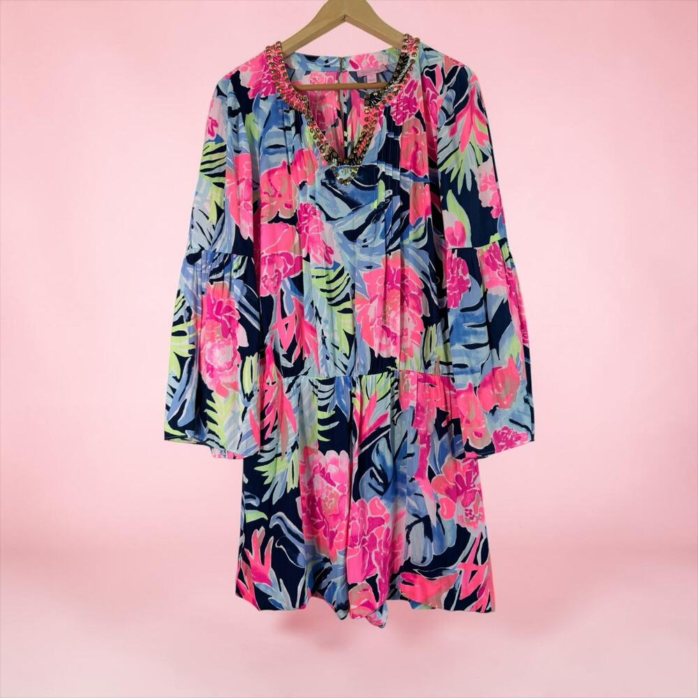 Lilly Pulitzer Ariele Romper High Tide Navy Tropicolada Size M V-Neck Beading